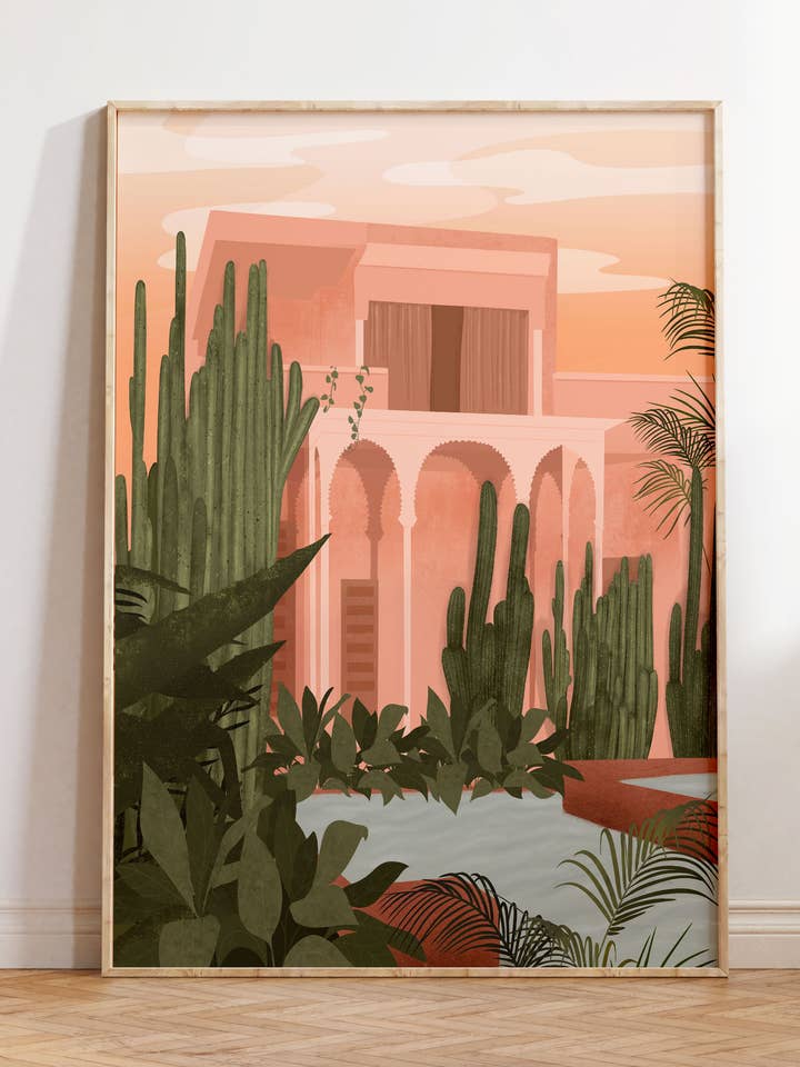 Poster d'art de jardin Majorelle rose pour la vente par Illustrations Its Funny Howww Inc