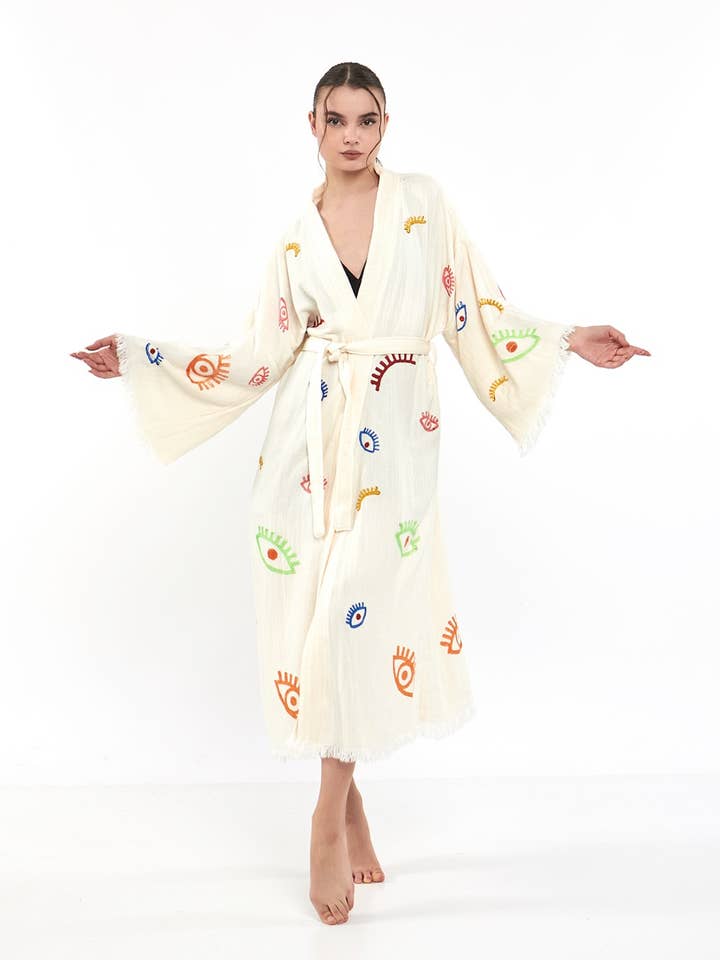 Colorful Eye Print Bathrobe Festival Kimono Coverup White for wholesale by Yaz Concepts