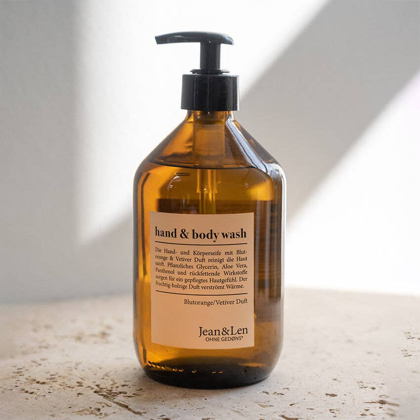 Jean & Len – wholesale Hand soap/wash – Hand & Body Wash Blood Orange/Vetiver 500Ml Glass Bottle1
