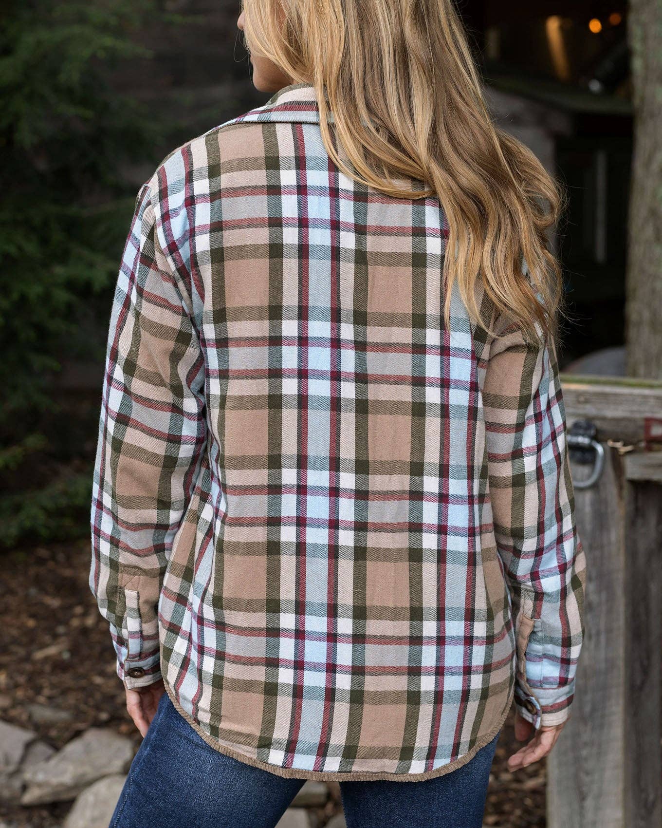 Reversible Corduroy Shacket in Tan/Olive Plaid for wholesale on Faire8