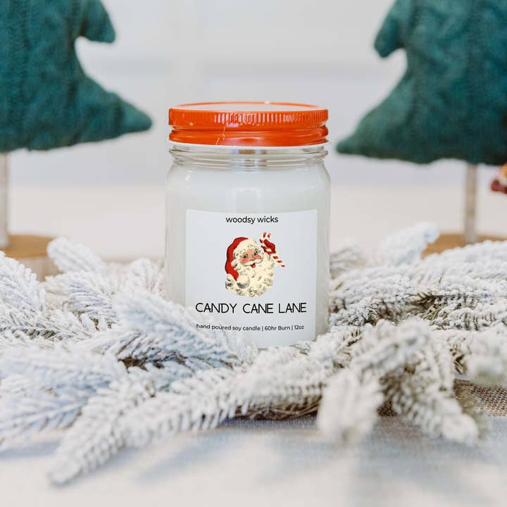 Woodsy Wicks - Wholesale Jar/Filled Candle - Candy Cane Lane Candle 100% Soy Wax - Wick Options