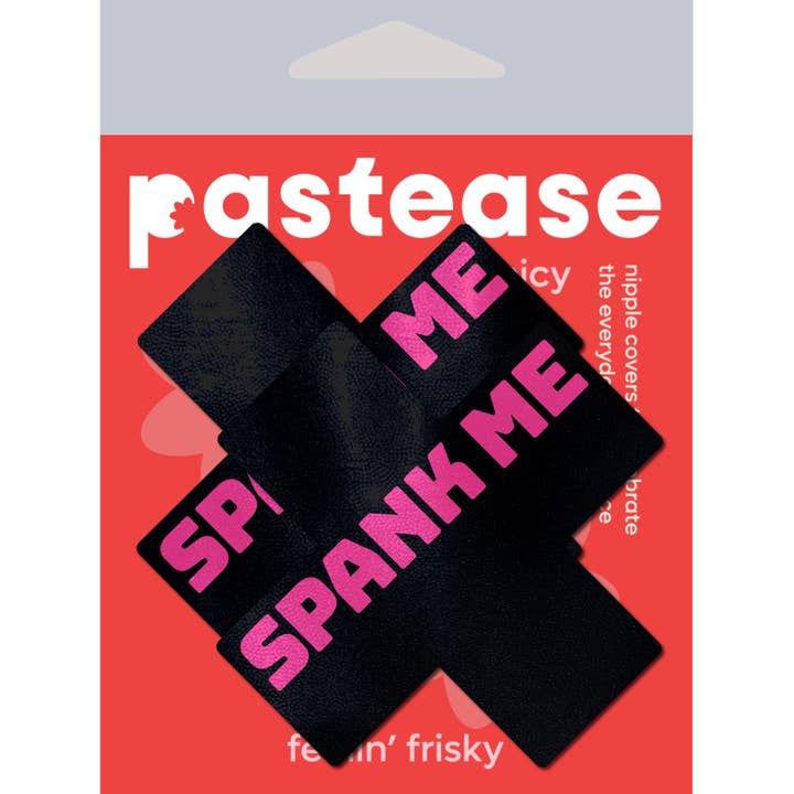 Pastease® – Großhandel Brustwarzenabdeckung – Damen – Plus 'Spank Me 'Schwarzes Kreuz auf neonrosa Basis Nippel-Pasties