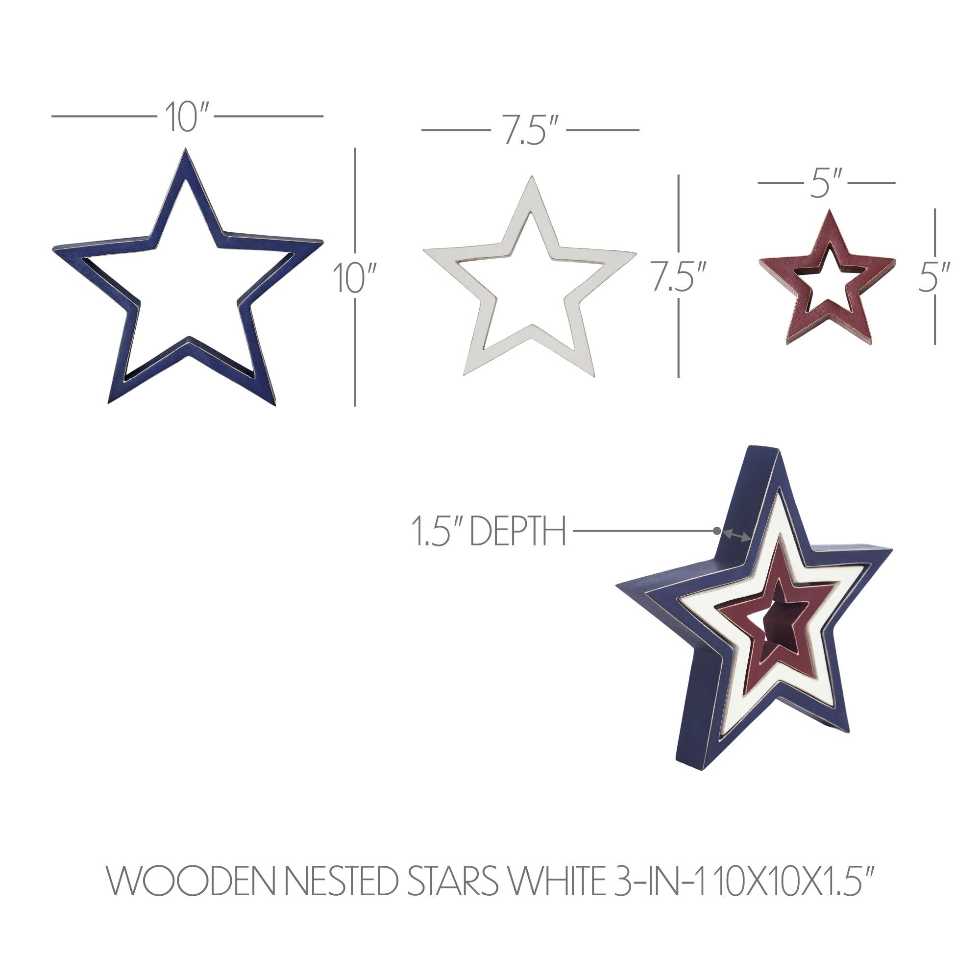 VHC Brands - Wholesale Ornament - Wooden Nested Stars RWB 3-in-1 10x10x1.55