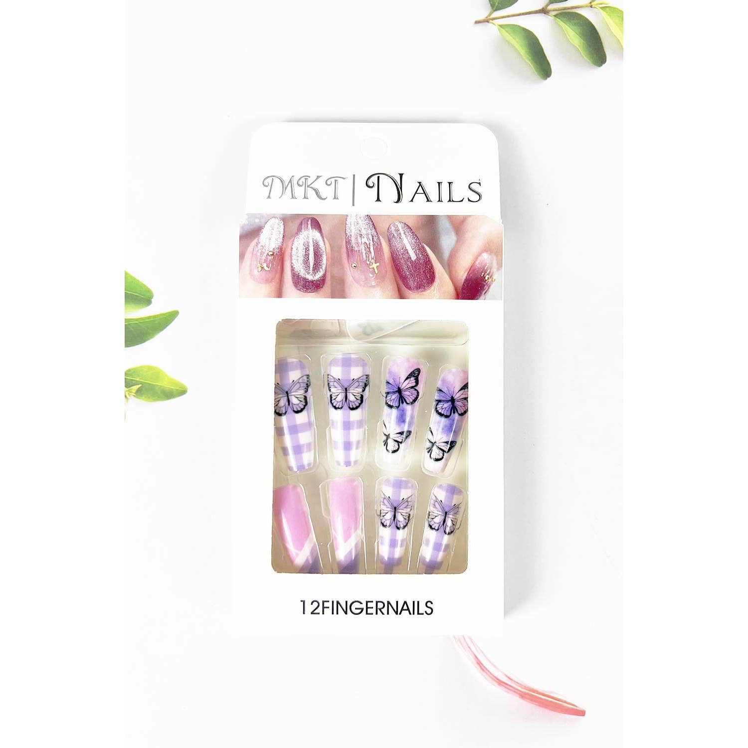 ASSORTED LONG COFFIN SHAPED PRE GLUED NAIL OF BUTTERFLY FLOWER PRINT for wholesale on Faire5