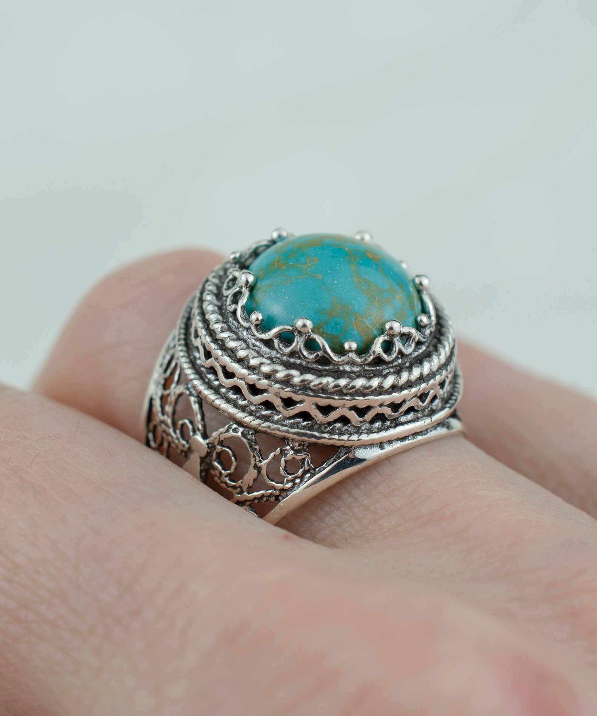 Filigranist Jewelry – Engroshandel Statementring – Kunst Kobber Turkis Ædelsten Kvinde Sølvring1