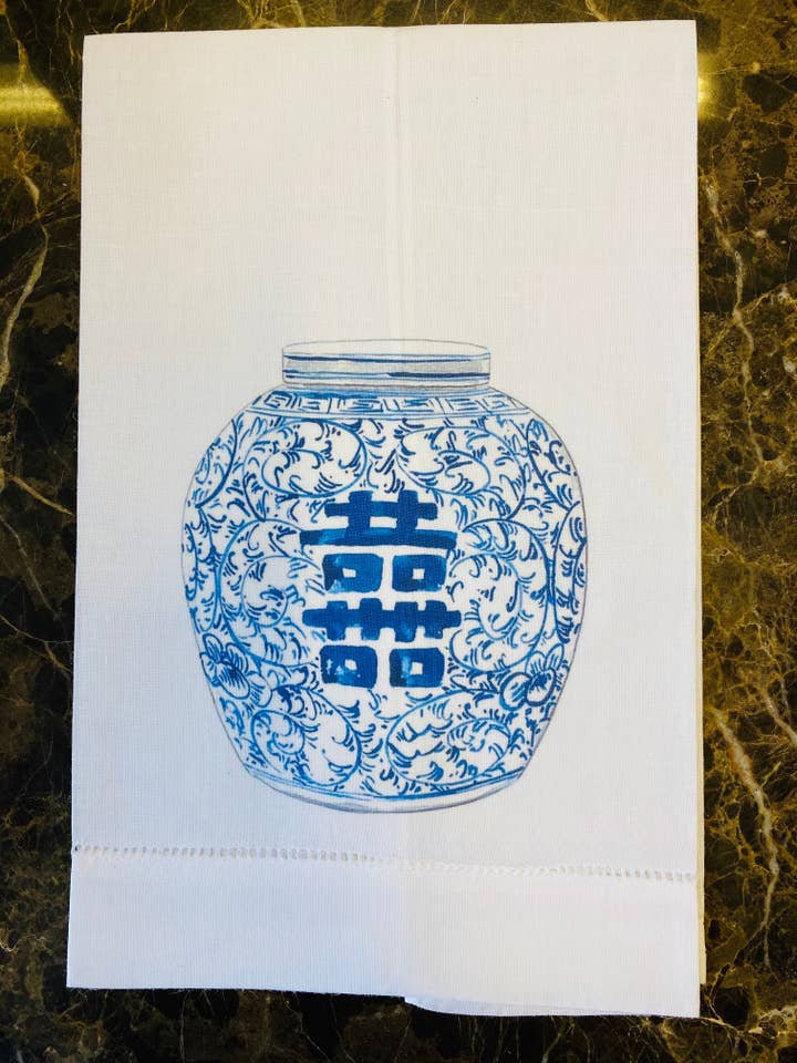 Dubbel Geluk Pot Linnen Gastendoek, hemstiksel linnen voor wholesale door The French Bee & Co