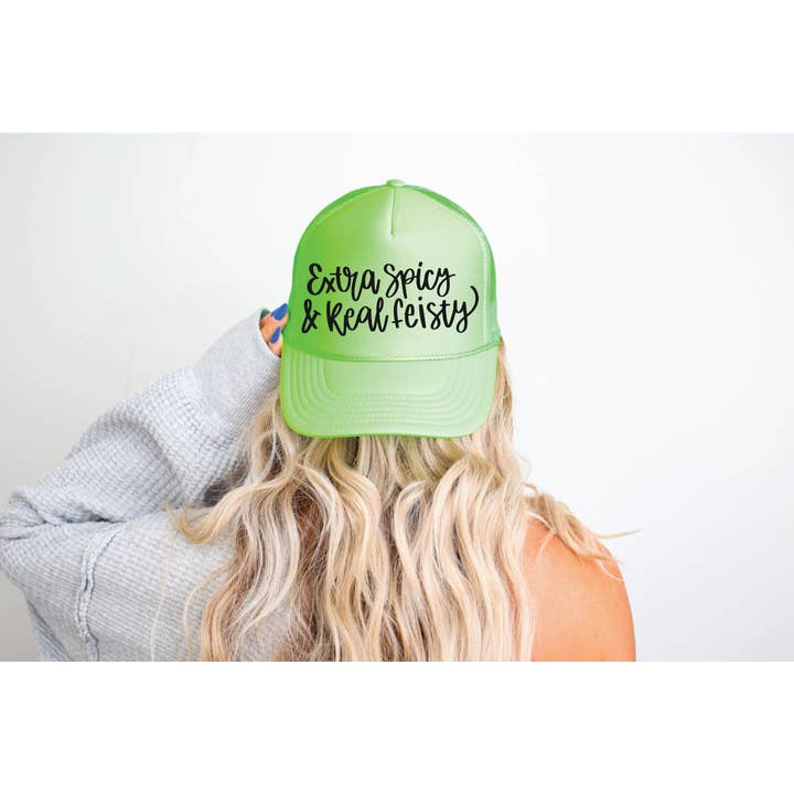 Southern Attitude Designs Inc - Wholesale Trucker Hat - Women's - Extra Spicy Real Feisty DTF Printed Neon Green Trucker Hat