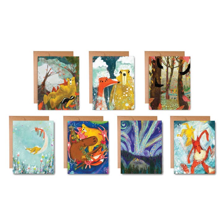 Ginger G. Art - Wholesale Everyday Greeting Card - Fox and Bear with Aurora Borealis - Blank A2 Card