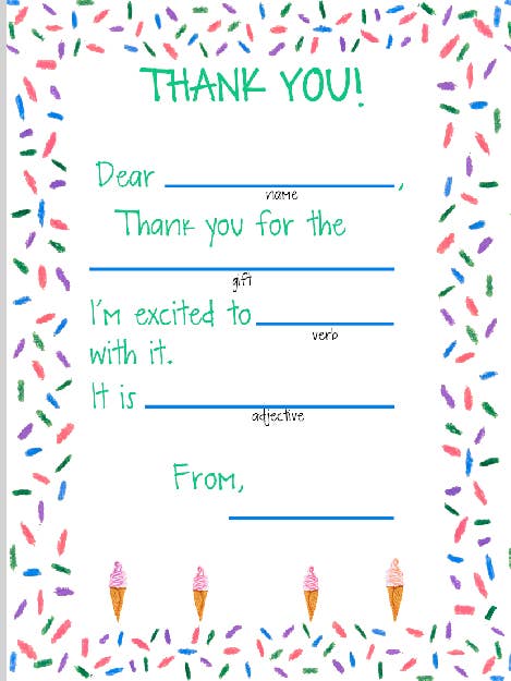 Kids Birthday Thank You Cards, Ice Cream Cone, Fill in Blank for wholesale by WaterfordCourtStudio