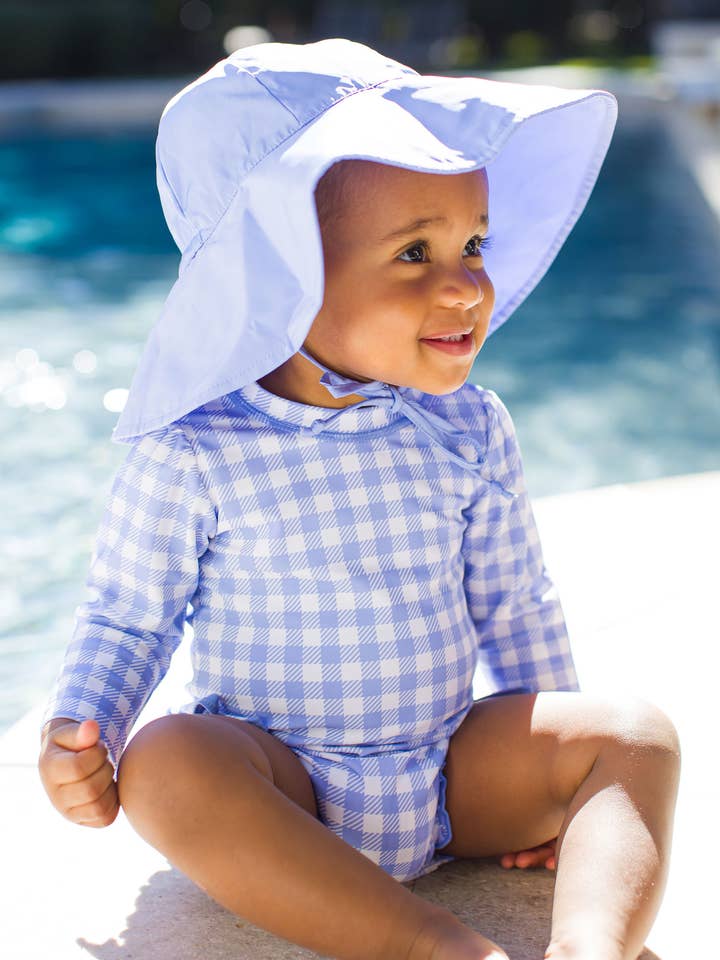 Baby Girls Periwinkle Blue Gingham Long Sleeve One Piece Rash Guard Swimsuit with Signature Rear Ruffles
for wholesale on Faire