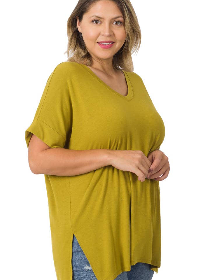 OLIVEMUSTARD `.Plus size V Neck Top w/ side-slit for wholesale on Faire0