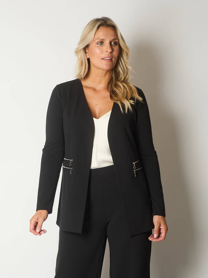 Blazer con Bolsillos Decorativos con Cremallera - Negro para venta al por mayor de SOLO