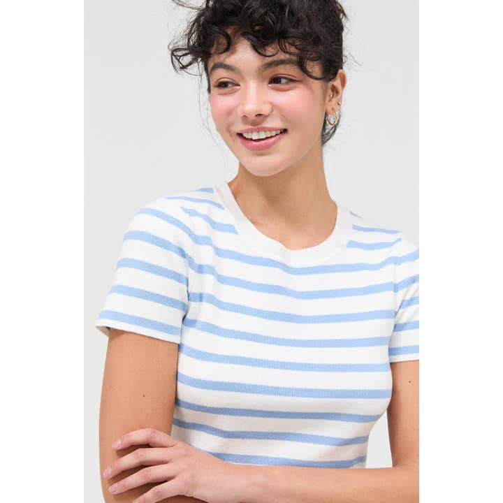 Striped And Knit Crew Neck Crop Top for wholesale by Double Zero