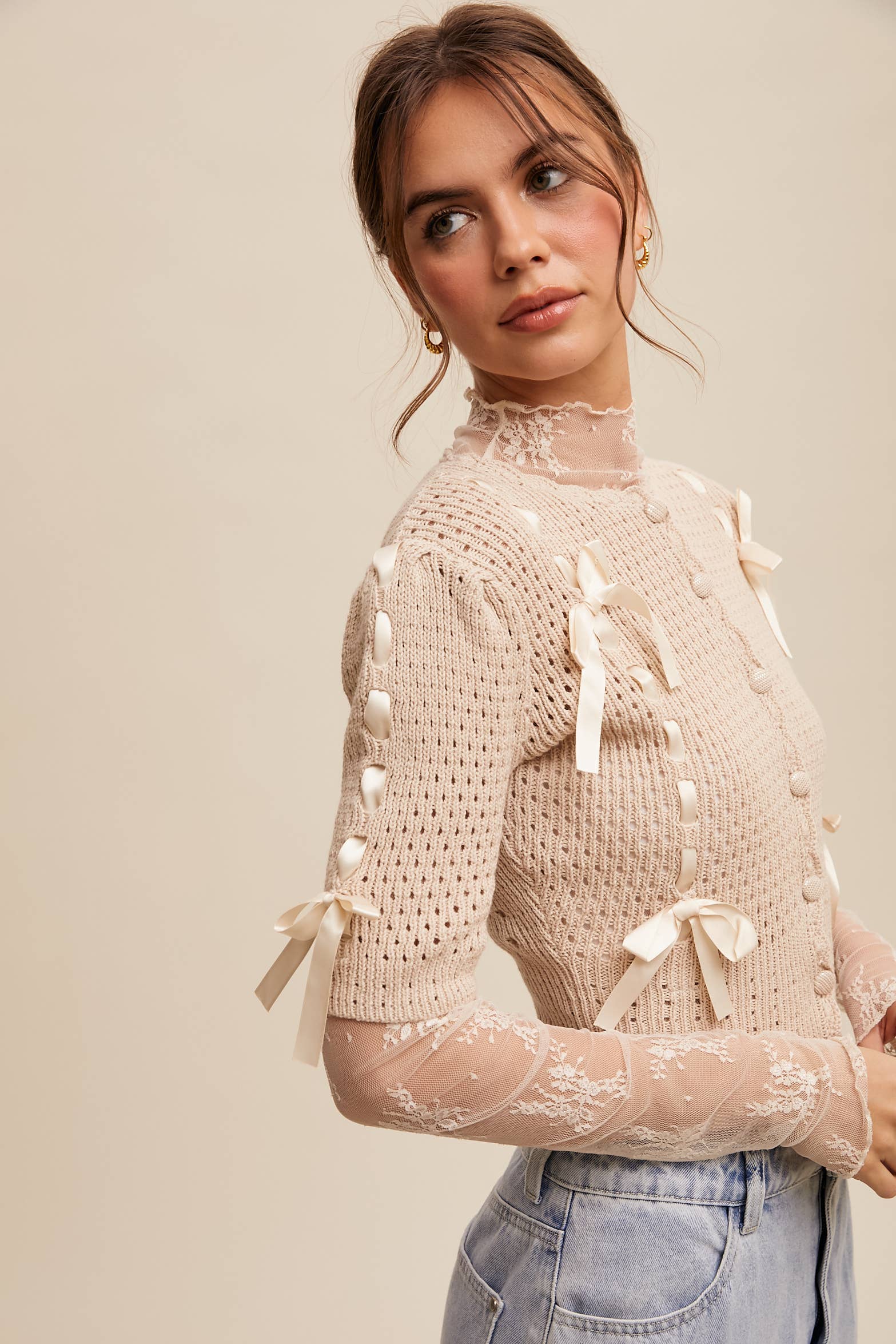 Listicle - Wholesale Cardigan - Women's - Pastel Knit Cardigan with Satin Bow Details5