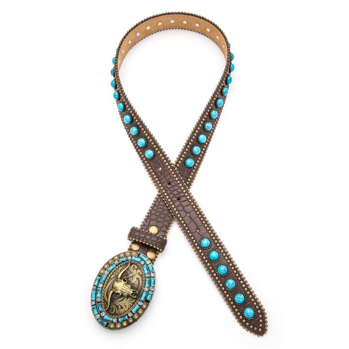 Rope & Spurs - Wholesale Belt - Women's - Long Horn Buckle Turquoise Pave Stone Western Belt