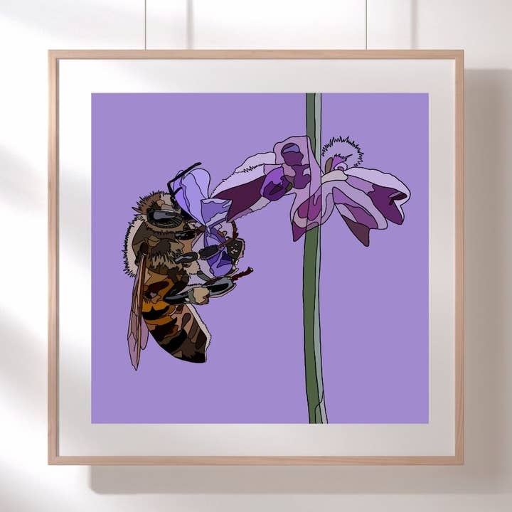 Bee on a Flower Hand-Drawn Artwork Print for wholesale by Artwork by Sophia