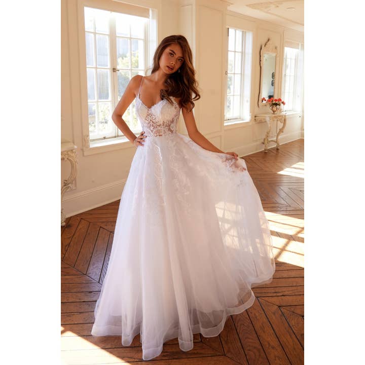 EMBROIDERED BODICE WITH OPEN BACK WHITE GOWN for wholesale on Faire