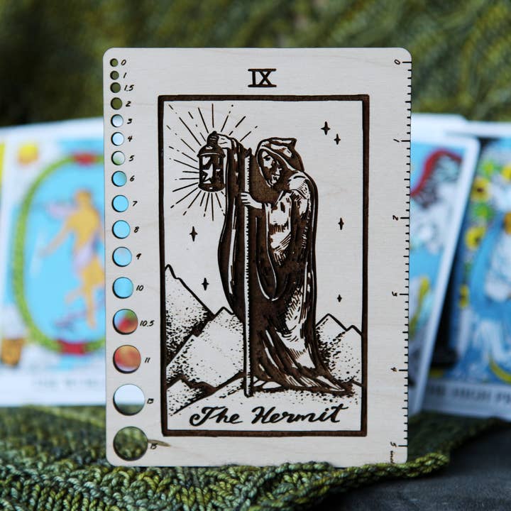 Maple Wood Tarot Hermit Knitting Needle Gauge & 5" Ruler for wholesale by Sunrise Grove