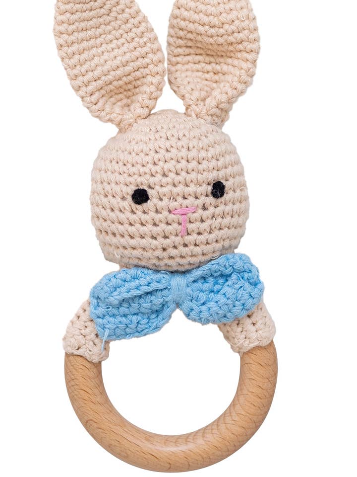 Bunny Hand Crochet Rattle, Ivory & Blue for wholesale by Wonderjoys Baby Co