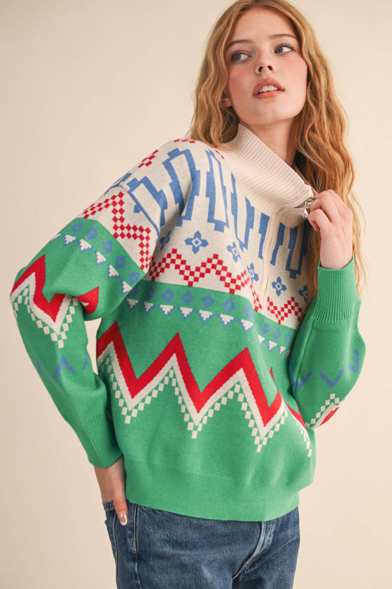 Burgundy Multi GEOMETRIC KNIT MOCK NECK HALF ZIP PULLOVER SWEATER MSW10885 for wholesale on Faire36