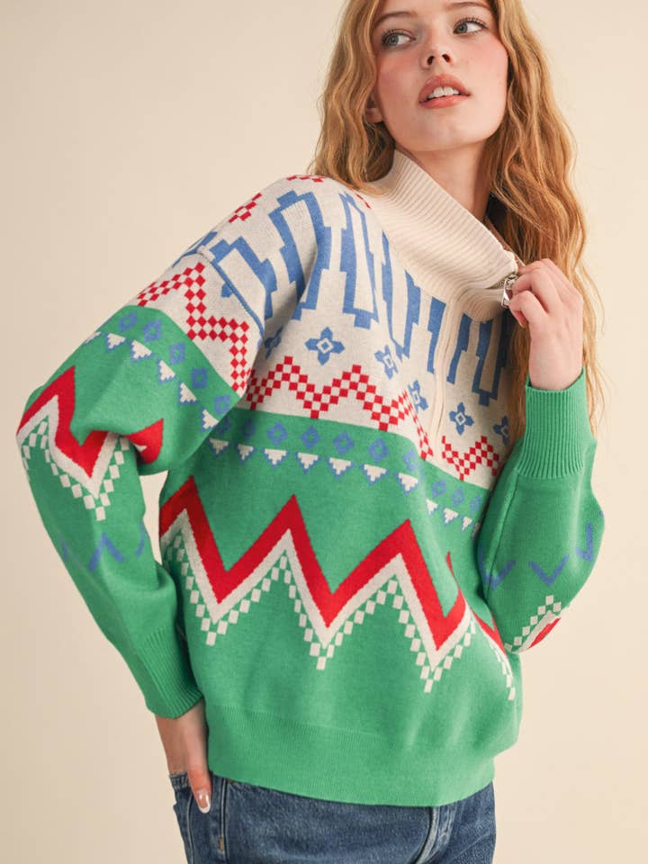 Burgundy Multi GEOMETRIC KNIT MOCK NECK HALF ZIP PULLOVER SWEATER MSW10885 for wholesale on Faire36