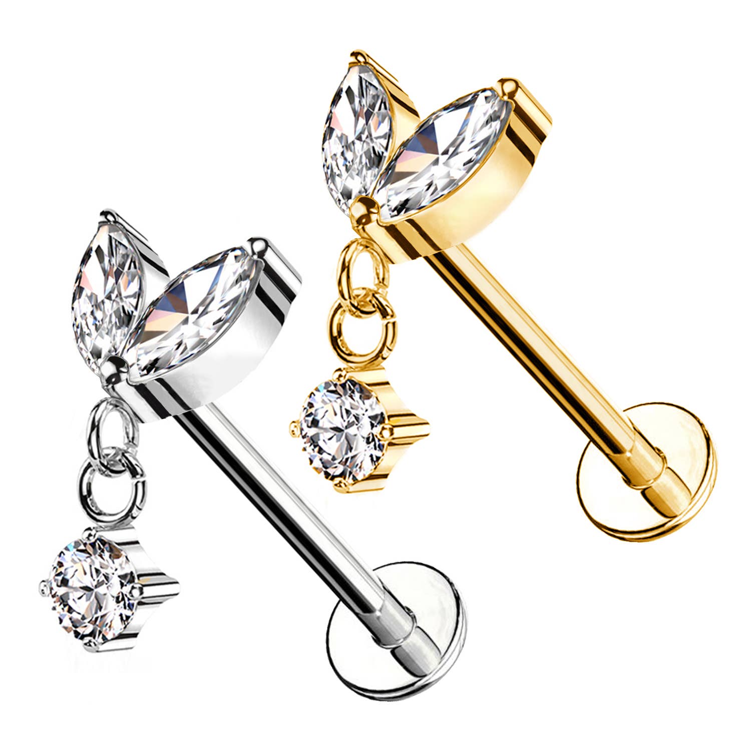 Awaken - Wholesale Stud/Post Earrings - Labret Piercing with Two Marquise Crystals and Pendant2