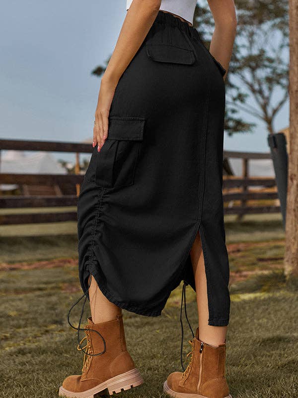 Sheer Trend - Wholesale Skirt - Women's - A-Line Loose Drawstring Elasticity Pockets Solid Color Split-Back Skirts Bottoms2
