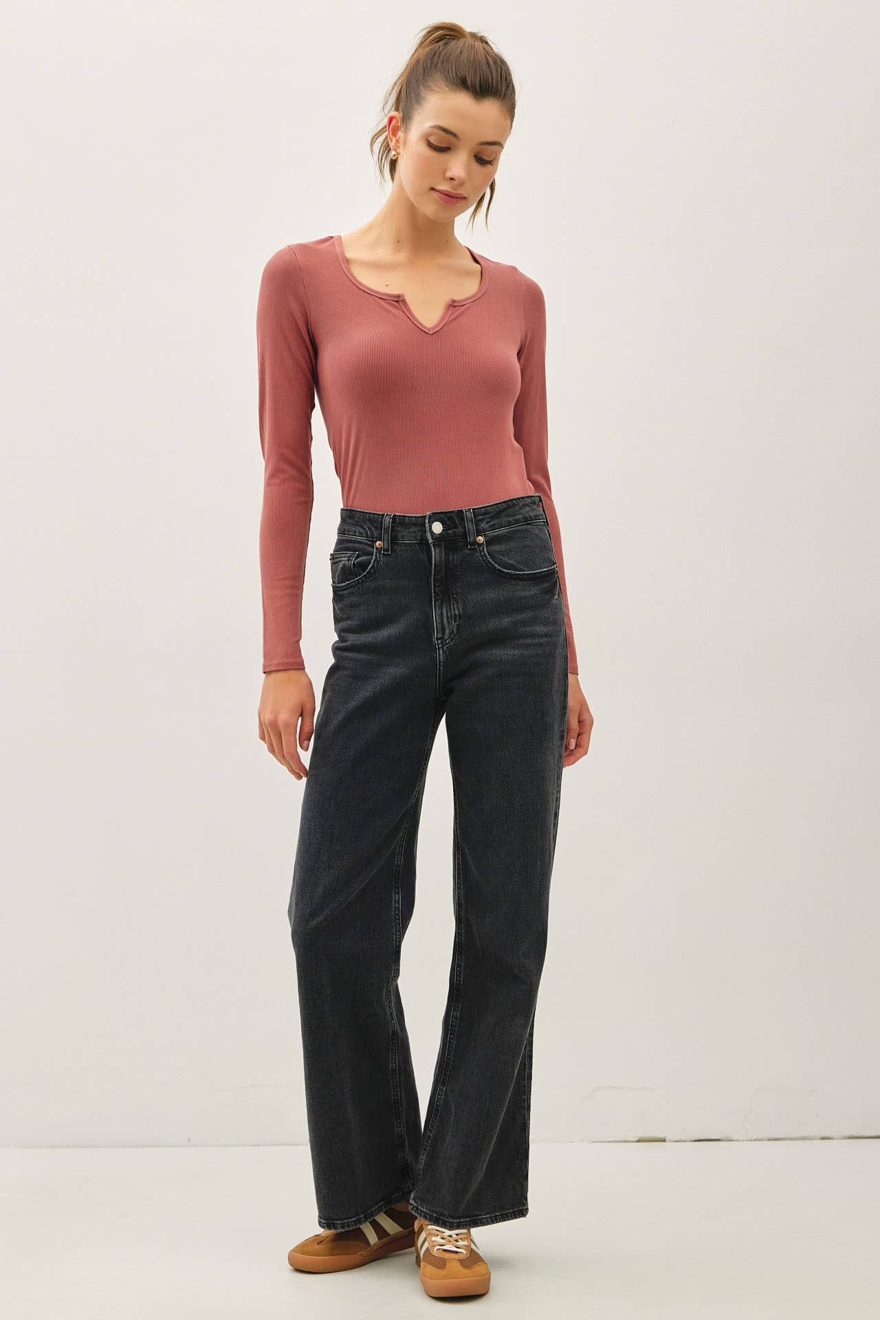 Be Cool - Wholesale Knit Top - Women's -  RIBBED NOTCHED NECK LONGSLEEVE BASIC TOP 12