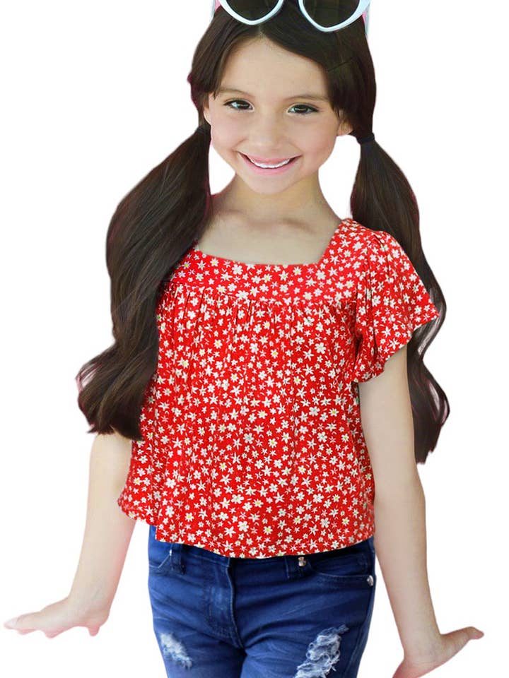 Top de moda floral para niña BB-GKT-310B con escote cuadrado para venta al por mayor de BonnieBianca