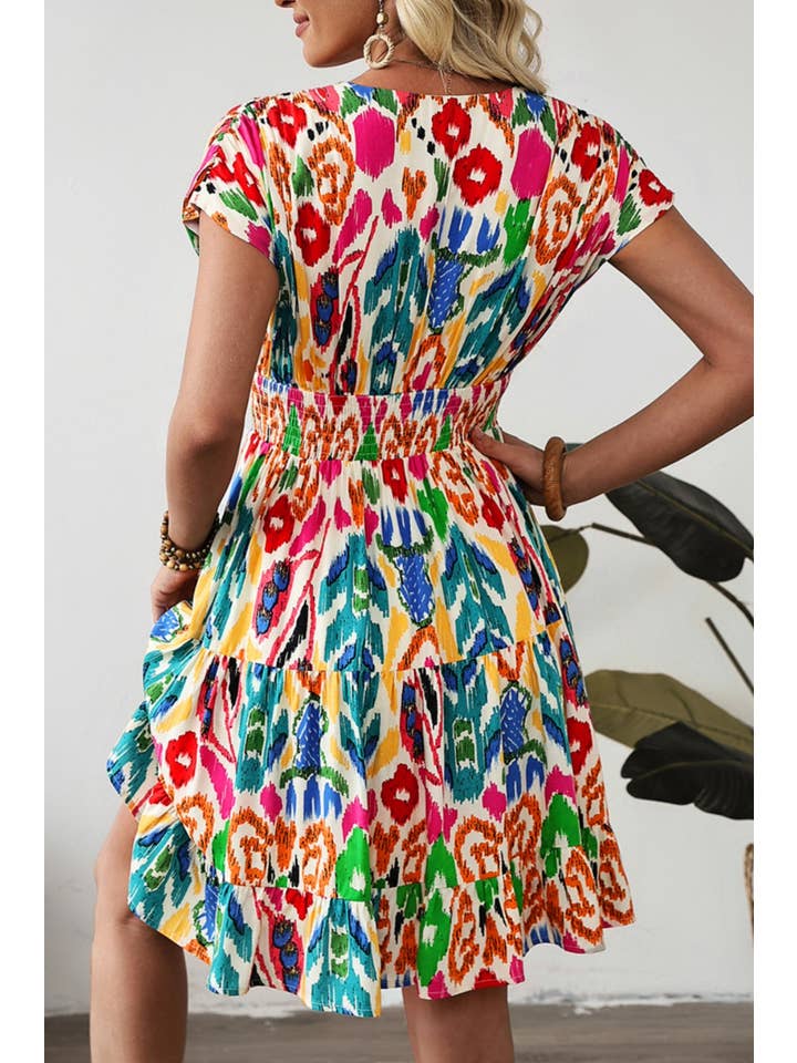 Sky Blue Abstract Print V Neck Dolman Sleeve Ruffle Tiered Mini Dress for wholesale on Faire