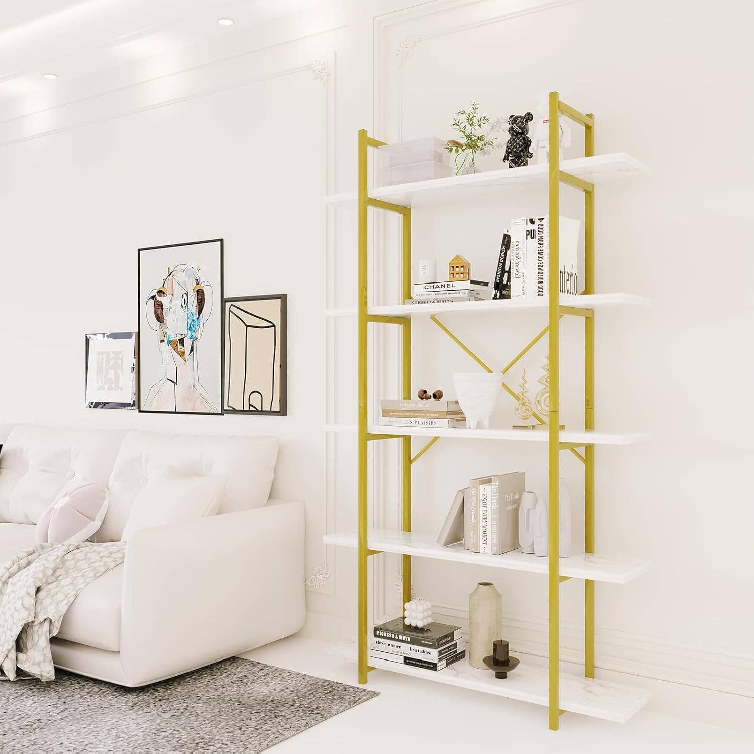 Five Tier Bookshelf Organizer White Faux Marble Metal Open Display for wholesale on Faire2