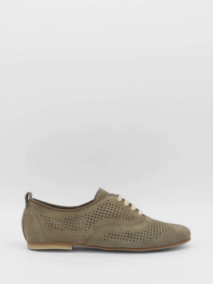 Maku oxford flats in perforated olive suede leather for wholesale by STIVALI NEW YORK