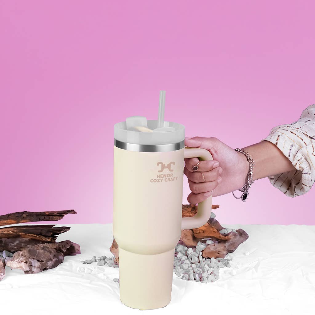 HENOR COZY CRAFT - Wholesale Insulated Mug/Tumbler - HENOR COZY CRAFT 40 Oz Rose Quartz Tumbler With Handle 1