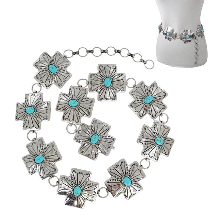 Western Cross Concho Semi-Stone Chain Link Belt for wholesale by SP Sophia Collection