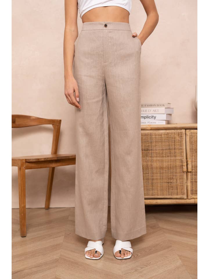 Attentif Paris - Venta al por mayor Pantalones - Mujer - Pantalón recto liso de lino de calidad superior15