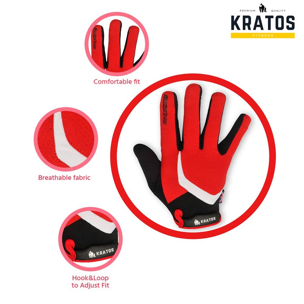 Kratos - Wholesale Gloves - Unisex - Mountain Biking Gloves | Full Finger Padded Cycling Gloves - RED1