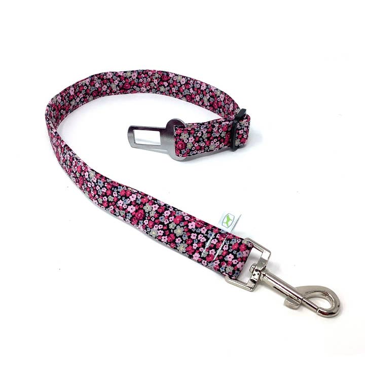 Red Ditsy Flower Dog Seat Belt Restraint For Car Safety for wholesale by EcoDogDesigns