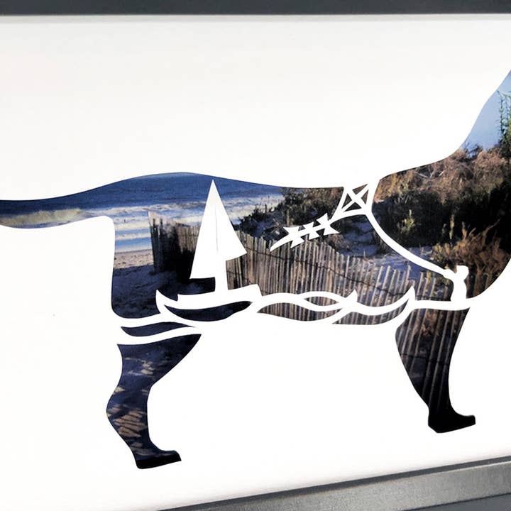 Framed Hand Cut Paper Animal Art - Beach Dog for wholesale by Squirrel Tacos Papercuts