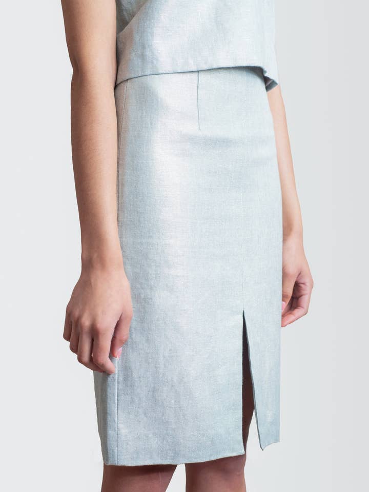 Reverse Pencil Skirt in Metallic Linen for wholesale by Tallulah & Poppy