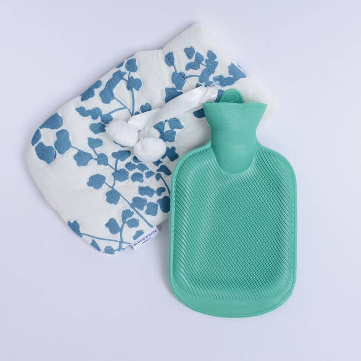 Embroidered Cotton Hot Water Bottles, Reef Blue for wholesale by Blue & White Company