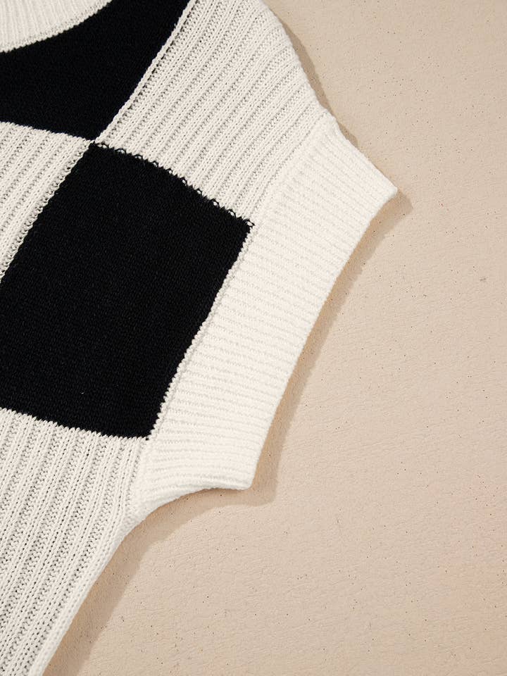 Lovesoft - Wholesale Knit Sweater - Women's - Black Checkered Color Block Crew Neck Short Sleeve Sweater4