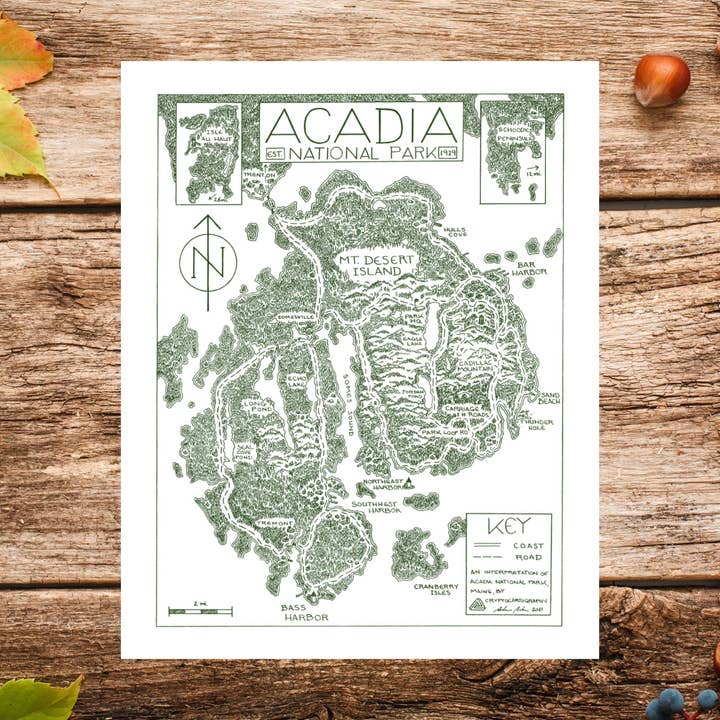 Carte du Parc National d'Acadia - Dessinée à la Main pour la vente par National Park Obsessed LLC