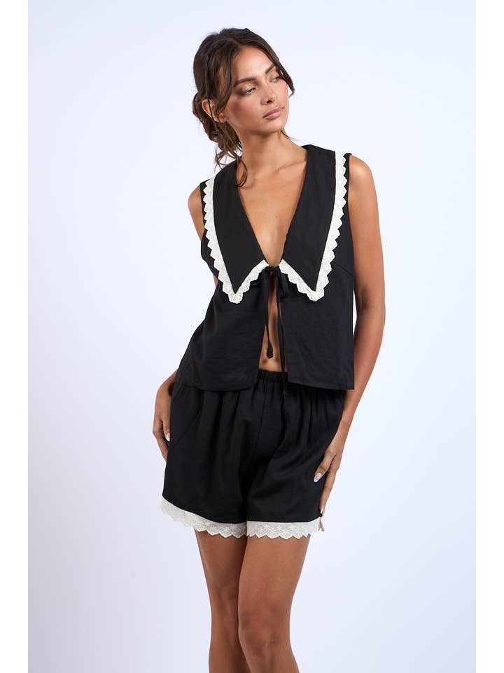 Sky to Moon - Wholesale Top & Short Set (NOT Loungewear) - Women's - WIDE COLLARED FRONT TIE LACE TRIM TOP & SHORTS SET6