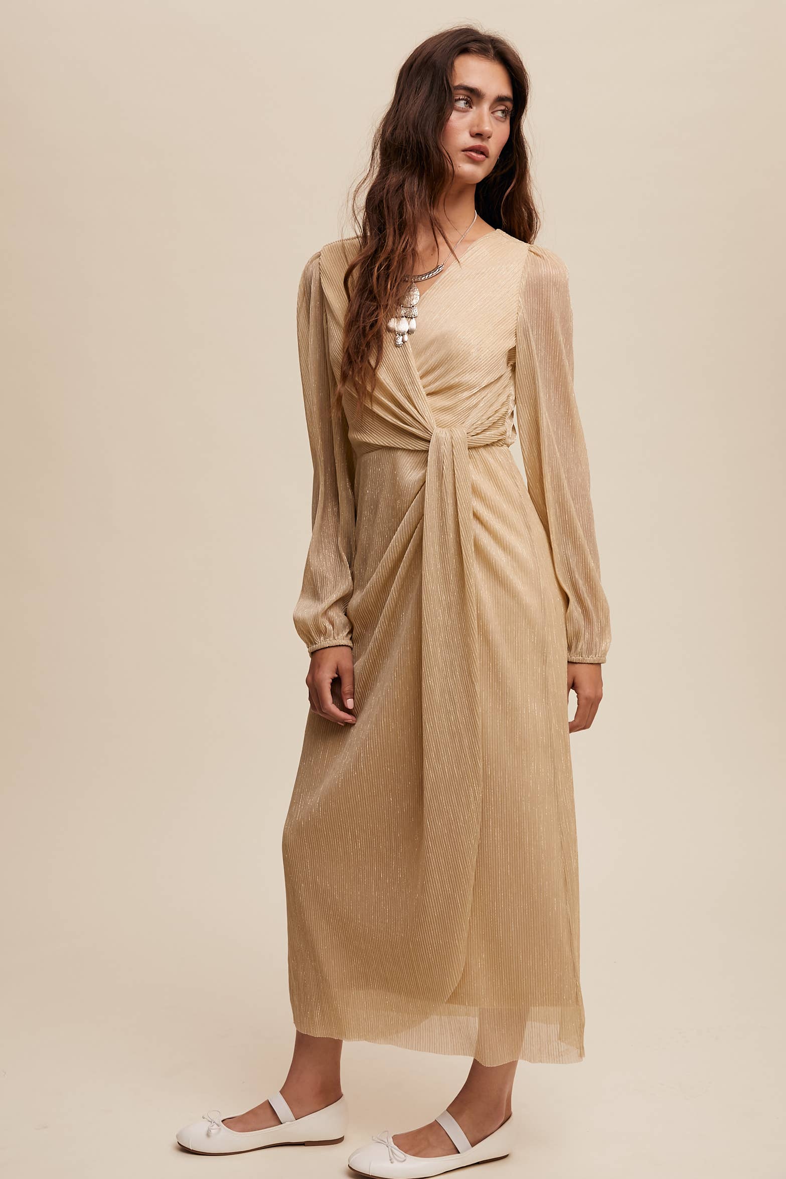 Listicle - Wholesale Jurk - Dames - Glanzende geplooide wikkel midi-jurk LD132232