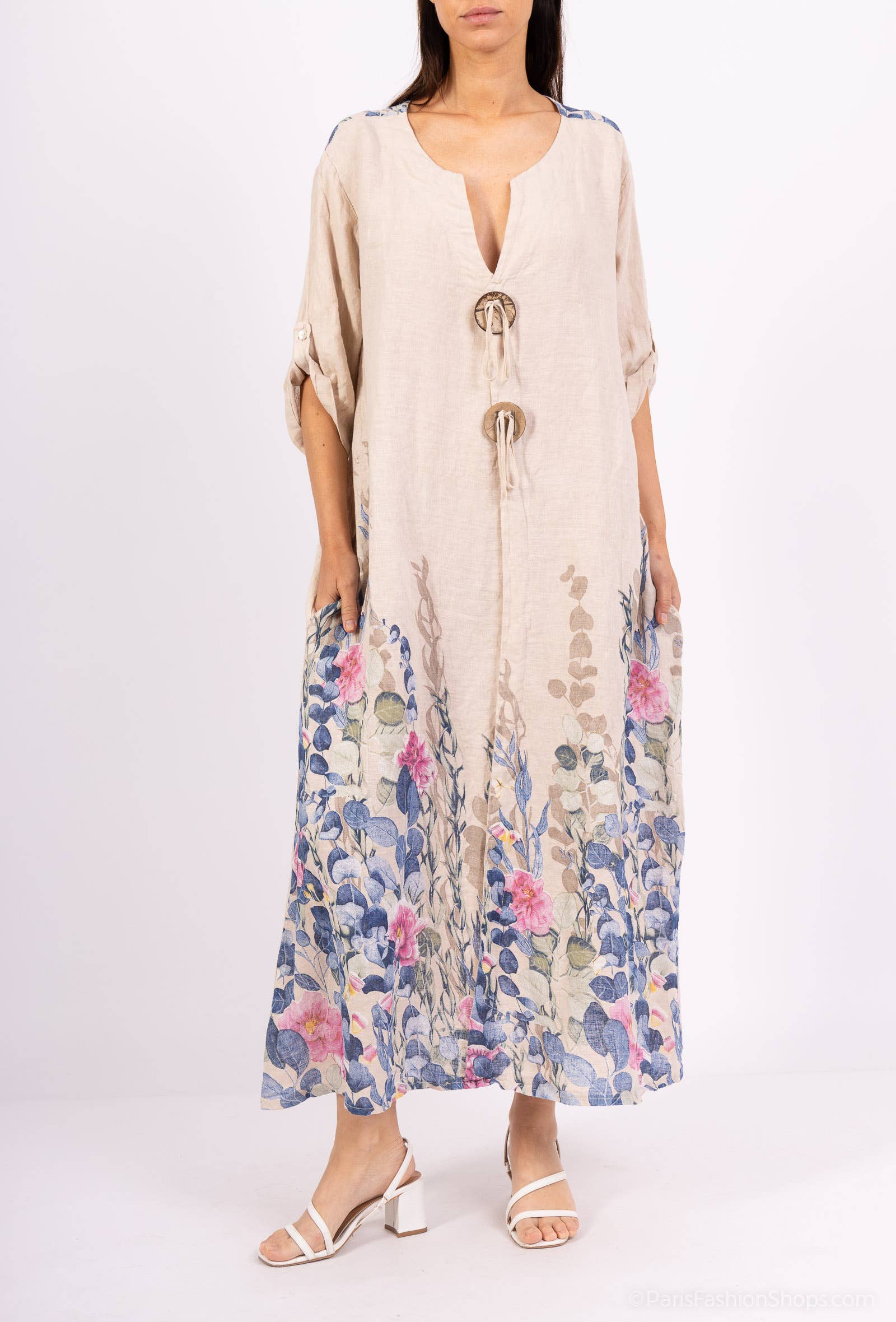Shyloh - Vente Robe – femme - Robe en lin à imprimé fleuri et 2 boutons 149555