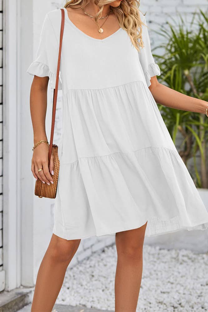 UNISHE - Vendita all'ingrosso Vestito - Donna - Abito A Balze Con Volant Con Scollo A V Semplice E Tasche MD0386