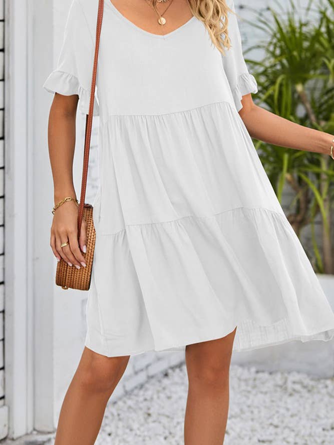 UNISHE - Vendita all'ingrosso Vestito - Donna - Abito A Balze Con Volant Con Scollo A V Semplice E Tasche MD0386