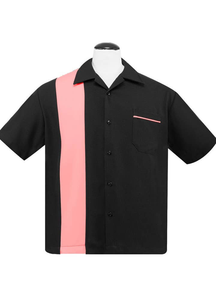 Chemise de bowling à panneau unique en popeline, noir/rose pour la vente par Steady Clothing