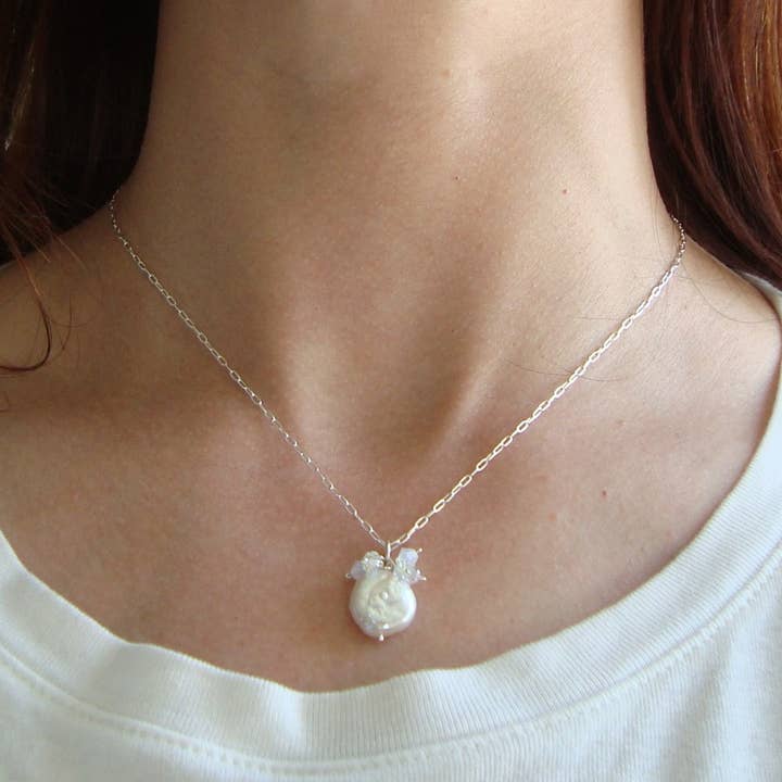 White Coin Pearl and Crystal Necklace for wholesale by Fuchsia Bloom Studio