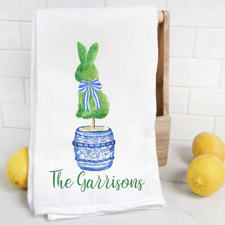 Personalized Chinoiserie Easter Bunny Topiary Tea Towel for wholesale by The Preppy Pineapple Home